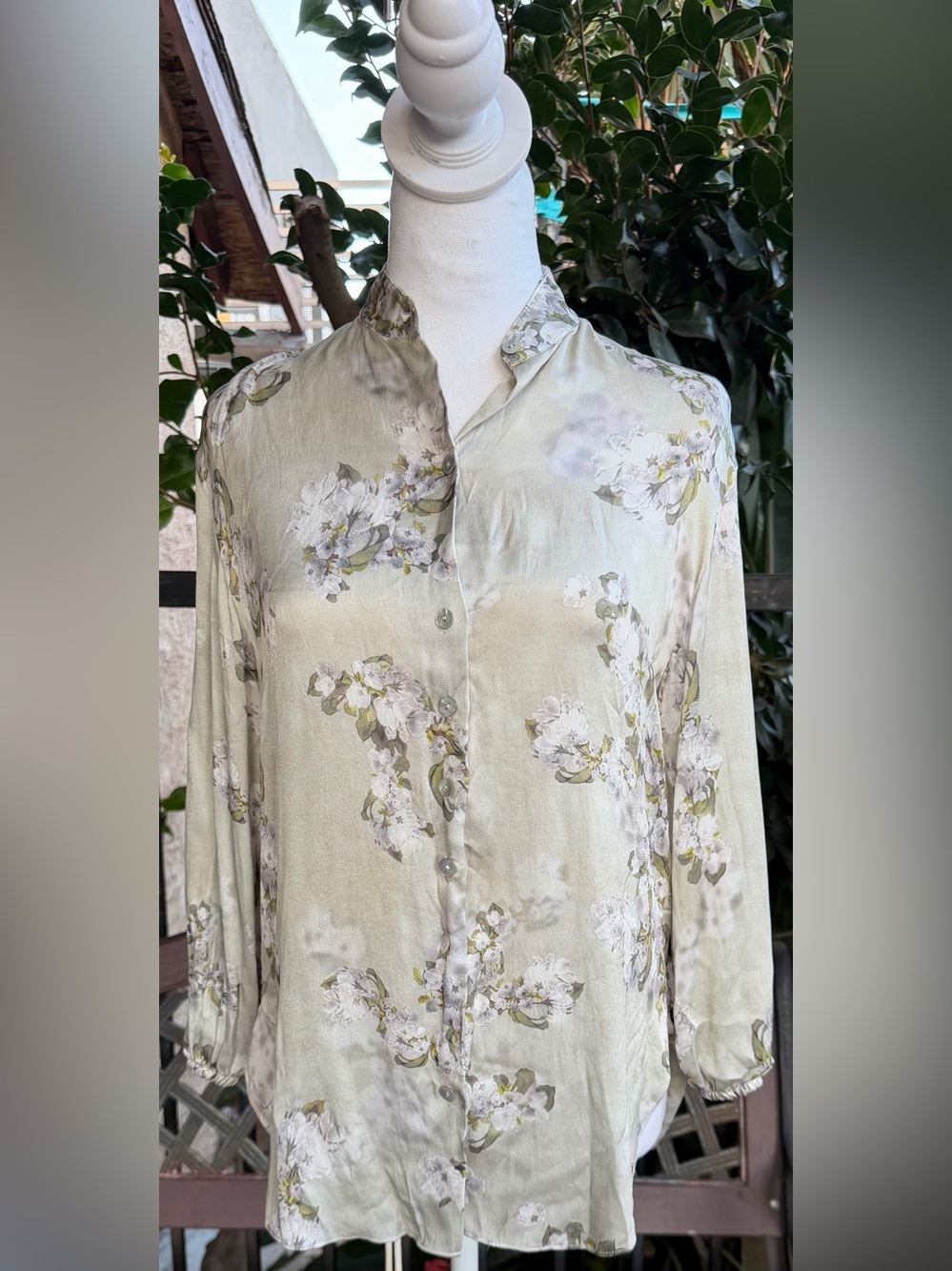 Vince Hazy Blossom Sage Green Floral Button-Down Silk Shirt